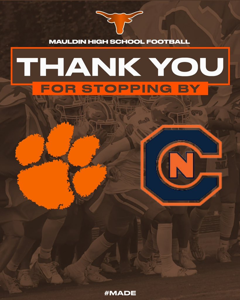 Would like to thank @CoachJ_Jamison from @cnfootball and @CoachConn from @ClemsonFB for stopping by @Mauldin_High to check in on our @MavLandFootball guys!! #MADE🤘🏾