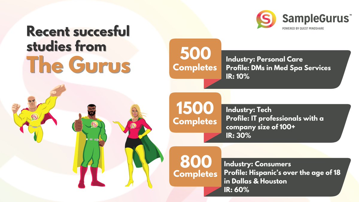 Unlock the power of consumer insights with SampleGurus!

From personal care to tech giants, we specialize in delivering thousands of completes daily, even on the toughest of audiences. 

Email us at bids@samplegurus.com 📥

#mrx #consumerinsights #datacollection