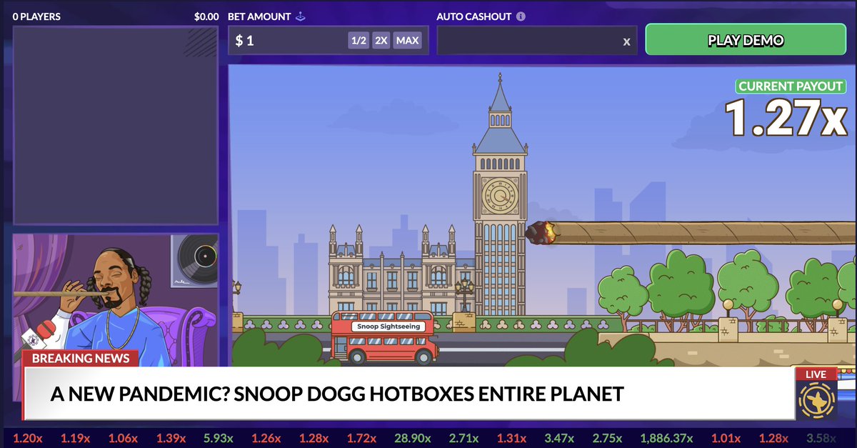 a new Snoop Dogg-themed casino game on <a href="/Roobet/">Roobet</a>, a crash game where you smoke a joint around the world. We're a long way from Rainbow Riches.

roobet.com/snoops-hotbox