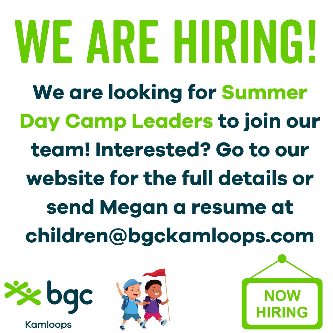 Are you looking for a fun and fulfilling summer job? Do you enjoy working with school-aged children?
We are hiring Summer Day Camp Leaders to join our team. Click the link for the full job description or email your resume to Megan. bgckamloops.com/careers