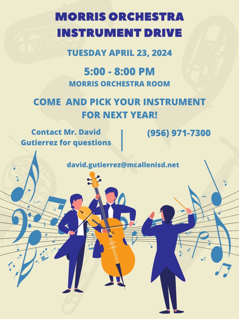 Future Morris 6th graders! Do you want to be in Orchestra? On April 23, Morris Orchestra will be hosting their instrument drive! Come try out for the orchestra instruments and see which one you'd like to play in 6th grade!