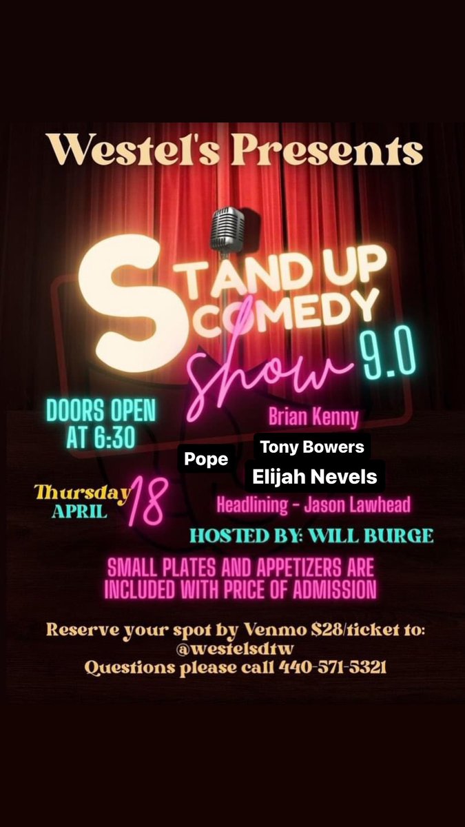 WillBurge's tweet photo. A few tix left for tonights show at Westels in DT Willoughby!

@JasonLawhead has toured w Bill Burr &amp; performs all over the country

Tony Bowers won funniest comic in CBus 23’

Elijah Nevels is one of the hottest young comics IN THE COUNTRY (no joke)

@IamBrianKenny has diabetes https://t.co/sbSldYmBW6