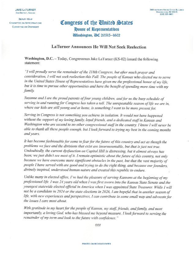 BREAKING: Another House Republican is fed up with GOP dysfunction in Congress and has decided not to run for reelection in November.