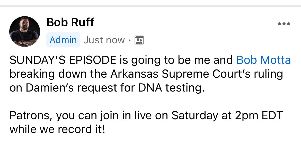 Patrons tune in live on Saturday afternoon to join myself and @defense_diaries as we breakdown the Arkansas Supreme Court’s overturning of the lower Court’s ruling regarding DNA testing. #wm3 #testthefuckingevidence