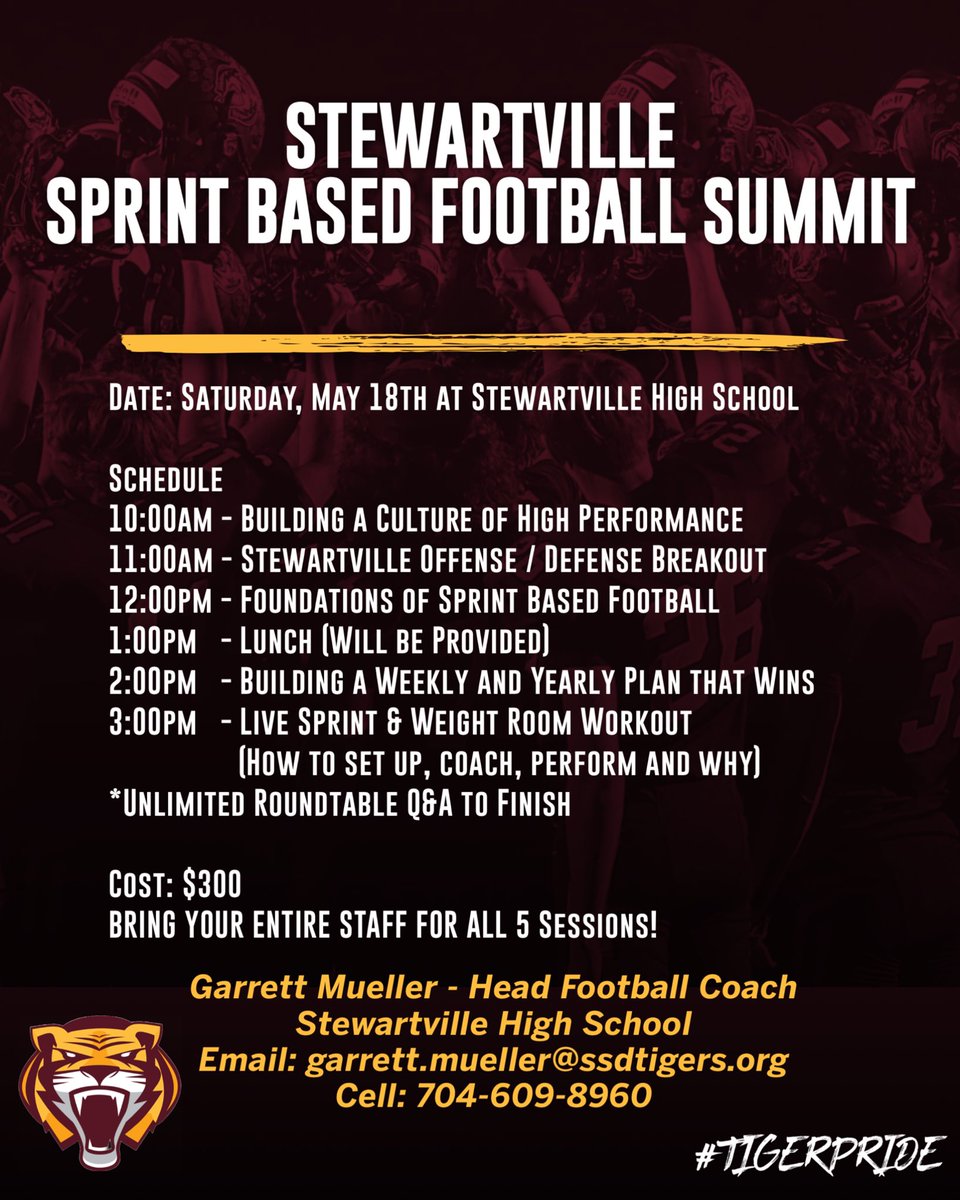 Wheels already in motion for a Sprint Based Football Summit in Stewartville, MN! 

Info was sent out to MN High School football coaches this week… if you’re from out of state and are interested shoot me an email! 💨💪🏈
#FTC #SpeedWins 

📧 garrett.mueller@ssdtigers.org