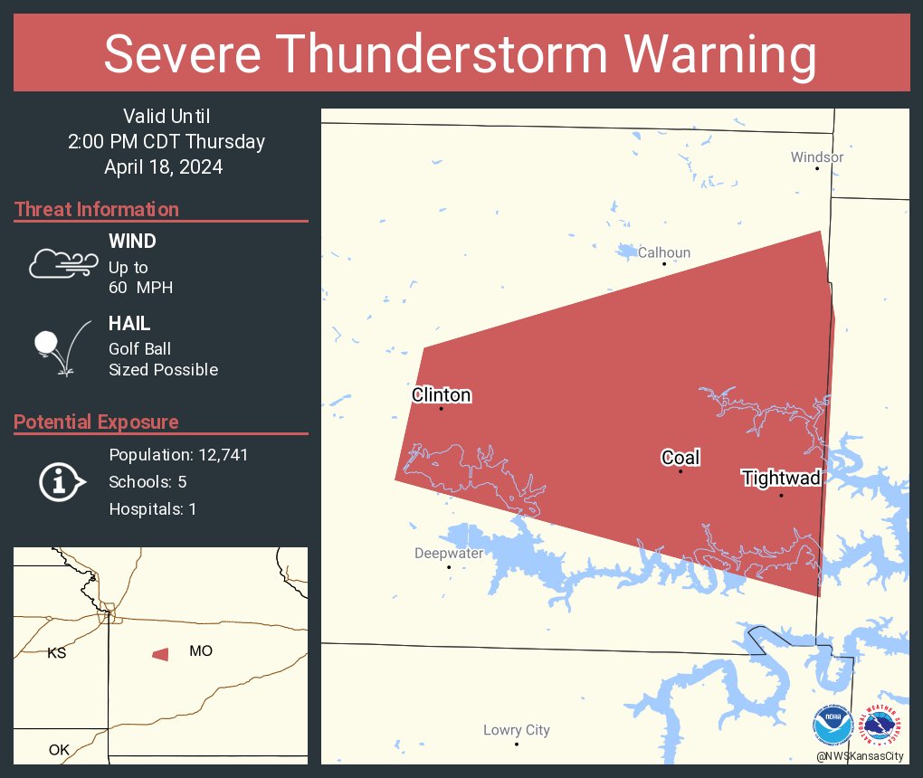 Severe Thunderstorm Warning continues for Clinton MO, Tightwad MO and Coal MO until 2:00 PM CDT. This storm will contain golf ball sized hail!