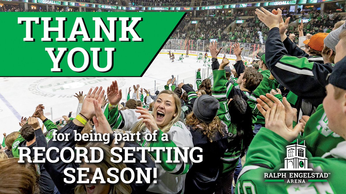 Thank you fans for a record-setting @UNDmhockey season attendance of 278,677 (and over 300,000 including the two exhibition games)! 🏒 13th consecutive season of leading NCAA total attendance 🥅 10th consecutive season of leading NCAA average attendance #BestFansInCollegeHockey