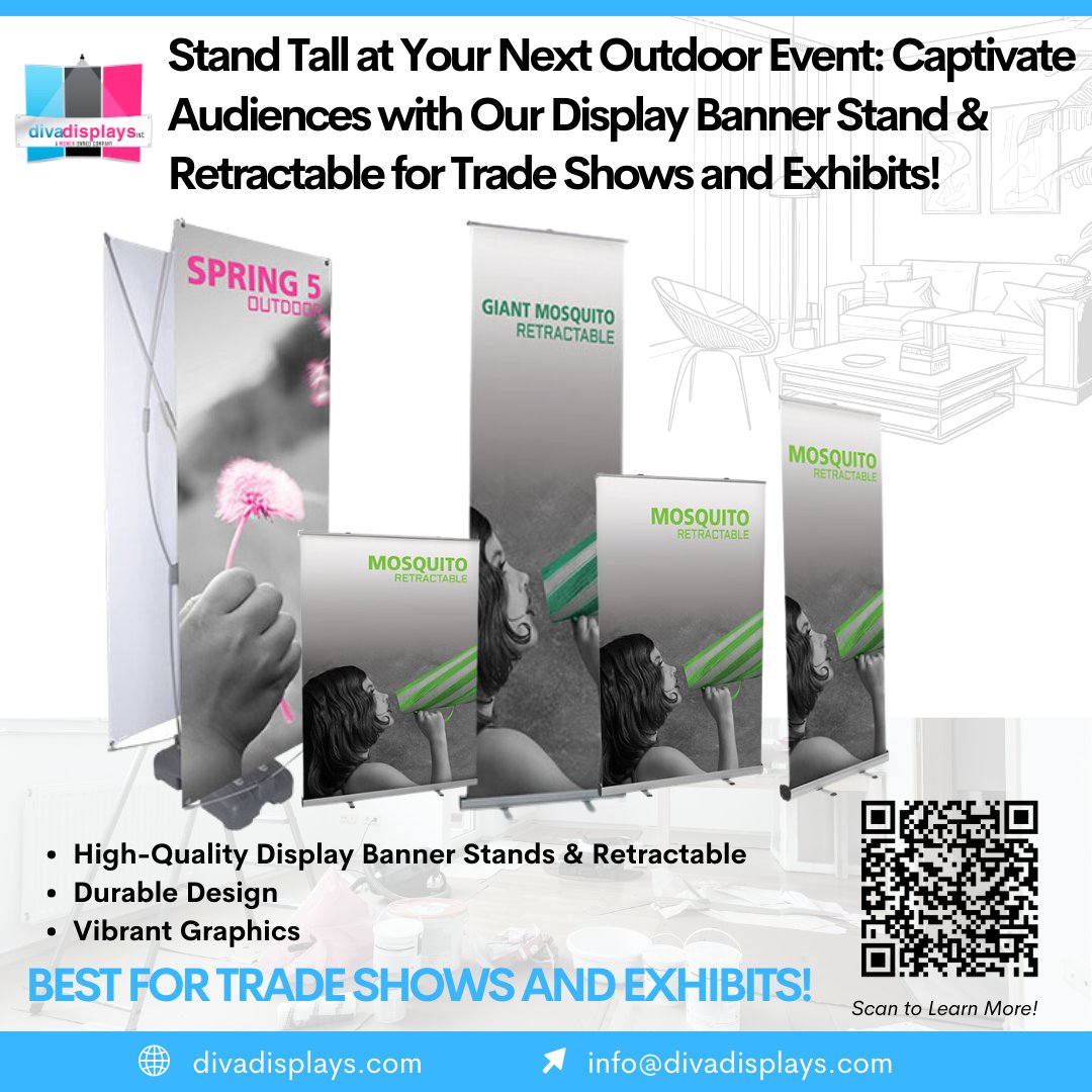 Don't settle for ordinary. Elevate your outdoor event presence with our premium display banner stands and retractable. Contact us at 301-798-2717 or visit divadisplays.com to learn more.

#OutdoorEvents #TradeShows #Exhibits #DisplayBannerStands #Retractables #DivaDisplays