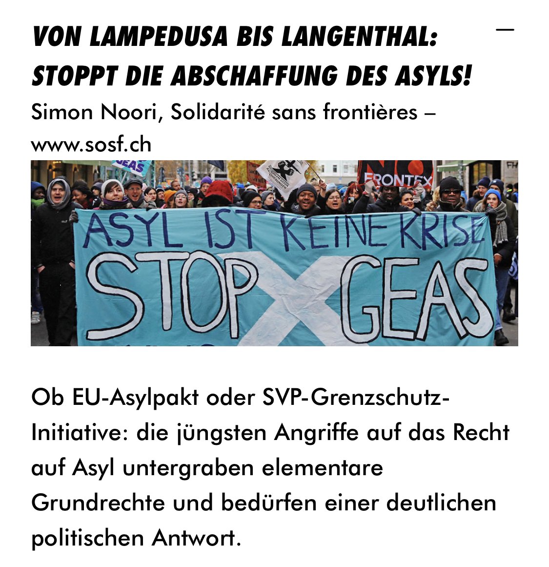 Von Lampedusa bis Langenthal: Stoppt die Abschaffung des Asyls! Mein Artikel für Sosf <a href="/migrantsrights/">Solidarité sans frontières</a> jetzt in der 1.-Mai-Zeitung <a href="/1MaiZH/">1.-Mai-Komitee ZH</a> 1mai.ch/thema/