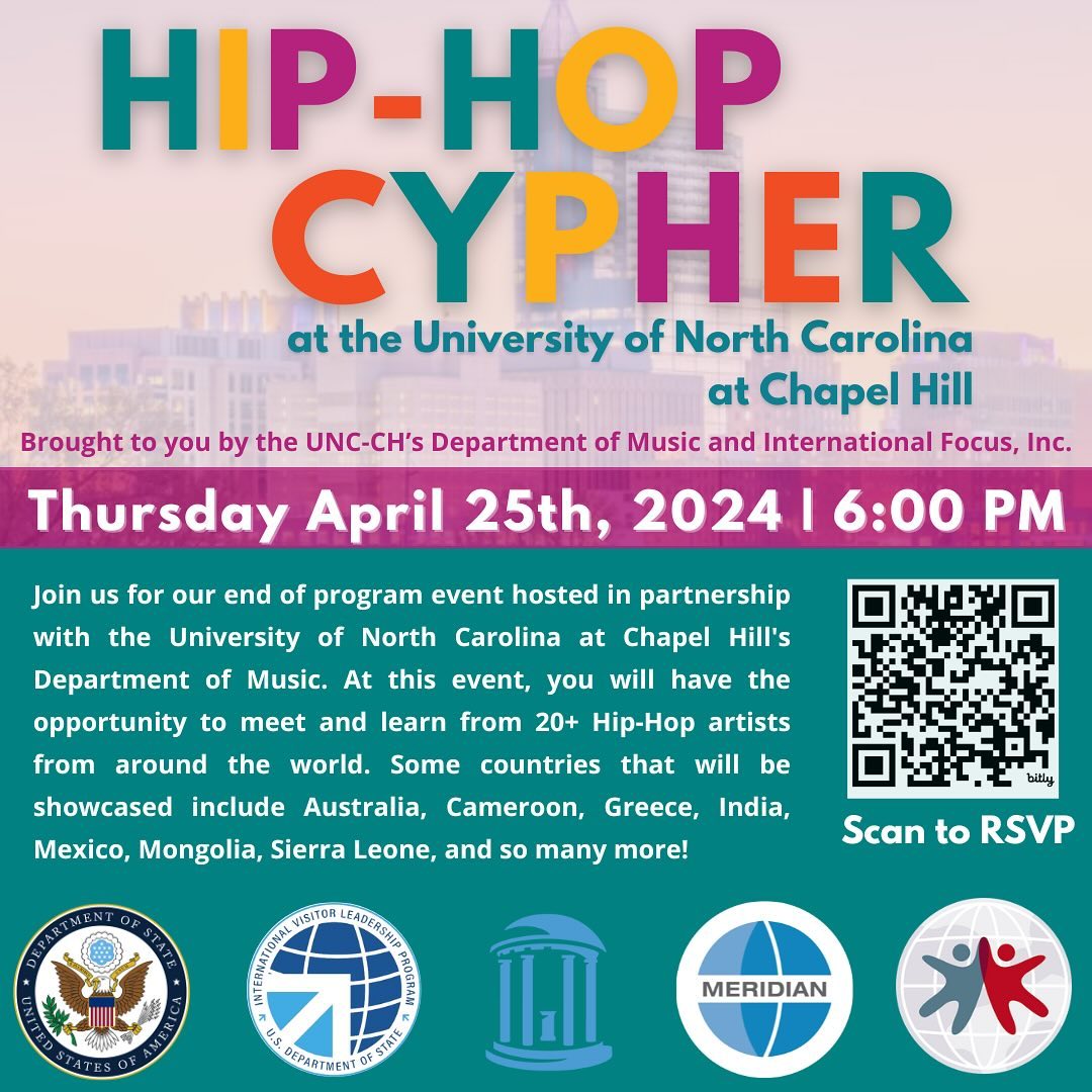 If you are in Chapel Hill, North Carolina, check out this opportunity to meet 20+ hip hop artists, educators, and changemakers from around the globe! 🎵 Our local #IVLP implementing partner @IntlFocusNC is hosting this event in partnership with @MusicAtUNC. RSVP today:…