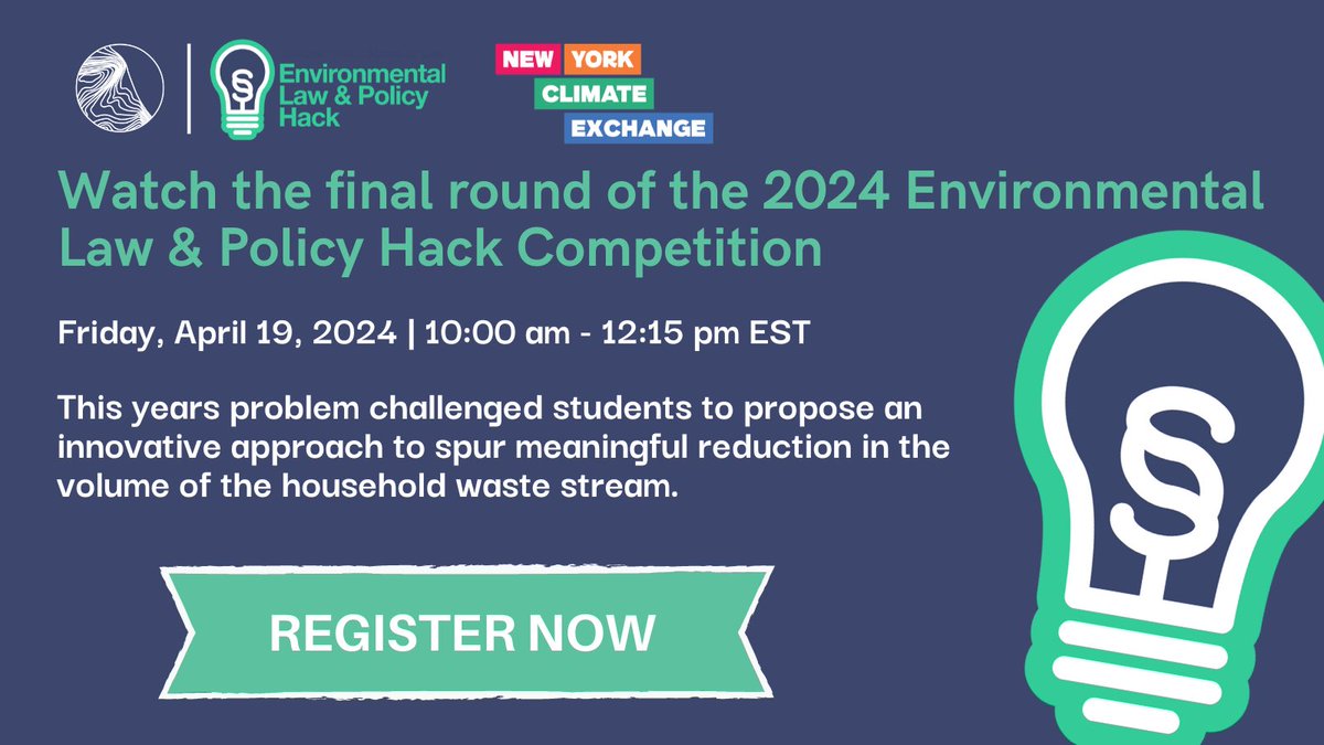 Tune into the Final Round of the 2024 Environmental Law &amp; Policy Hack Competition! 

This years problem challenged students to propose an innovative approach to spur meaningful reduction in the volume of the household waste stream.  

REGISTER NOW ➡️ bit.ly/49Dl0TX
