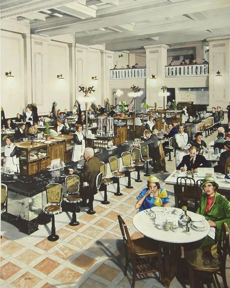 A homage to Union Station's famous Harvey House Restaurant, painted in watercolor by artist Marlin Rotach in 2012. The painting features the restaurant in the 1930s and was guided by photos and paintings from the era.