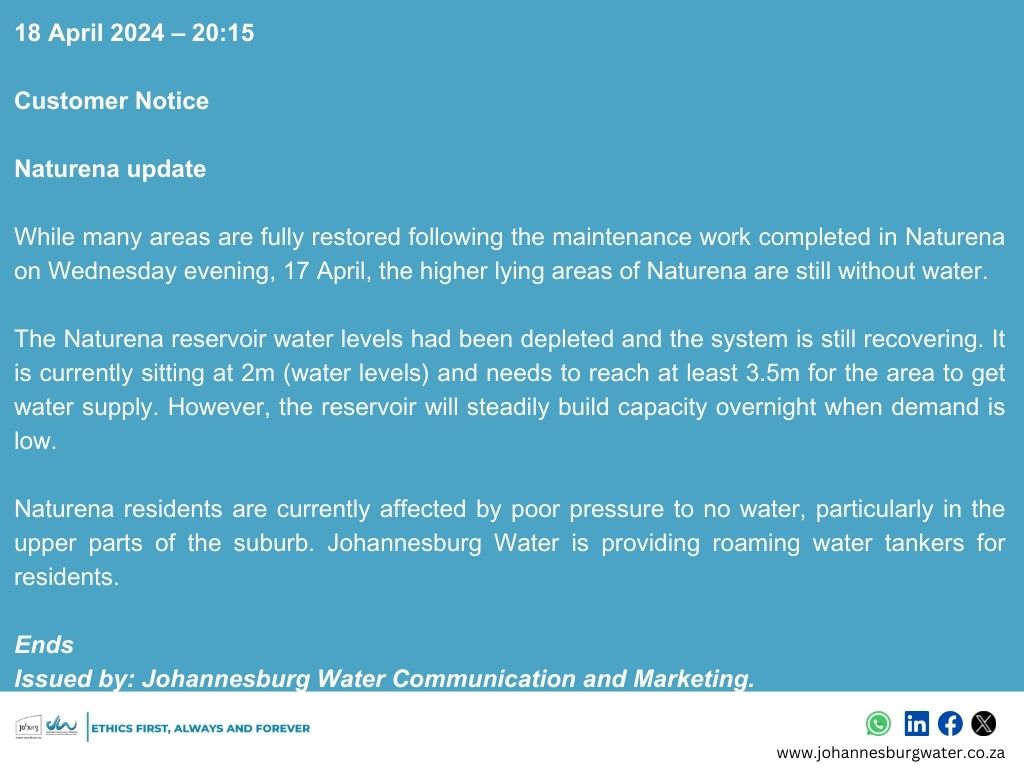 #Naturena update: reservoir building capacity 

#JoburgUpdates ^N