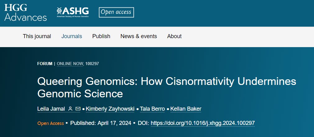 🚨 New in @HGGAdvances 📰Queering #Genomics: How Cisnormativity Undermines Genomic Science 🧑‍🤝‍🧑@jamalenator @KimZayhowski @tala_berro @KellanEBaker 👉bit.ly/3xJ6hd5