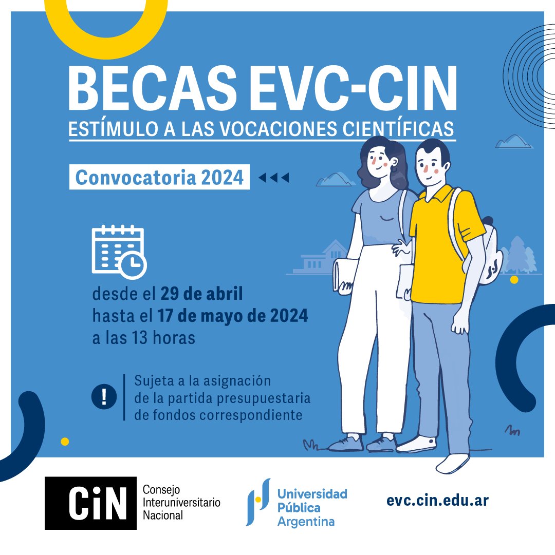 CINoficial's tweet photo. 🤓 Lanzamiento de la convocatoria 2024 de las Becas EVC-CIN

📅 29 de abril al 17 de mayo (a las 13 horas)
📝 Consultá el instructivo para ir completando los formularios, escribiendo el plan de trabajo y consiguiendo la documentación necesaria.
💻 https://t.co/2PBPpRbLhv https://t.co/UXBYnArnAp