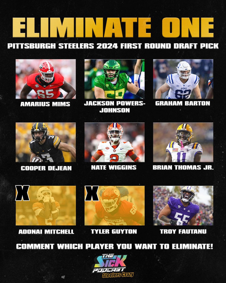 ❌ELIMINATE ONE❌

Round 2 Elimination: Adonai Mitchell

Comment which prospect you want to ELIMINATE from being the #Steelers first round pick.

#HereWeGo #thesickpodcast