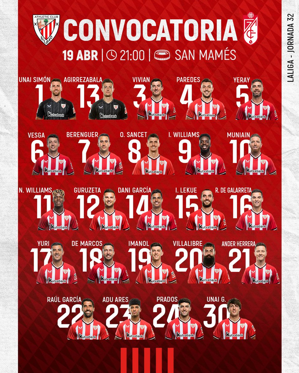 🗒 𝗖𝗢𝗡𝗩𝗢𝗖𝗔𝗧𝗢𝗥𝗜𝗔 Ernesto Valverde cita a 2️⃣4️⃣ jugadores para el partido de mañana ante el @GranadaCF en San Mamés. #AthleticGranada #AthleticClub 🦁