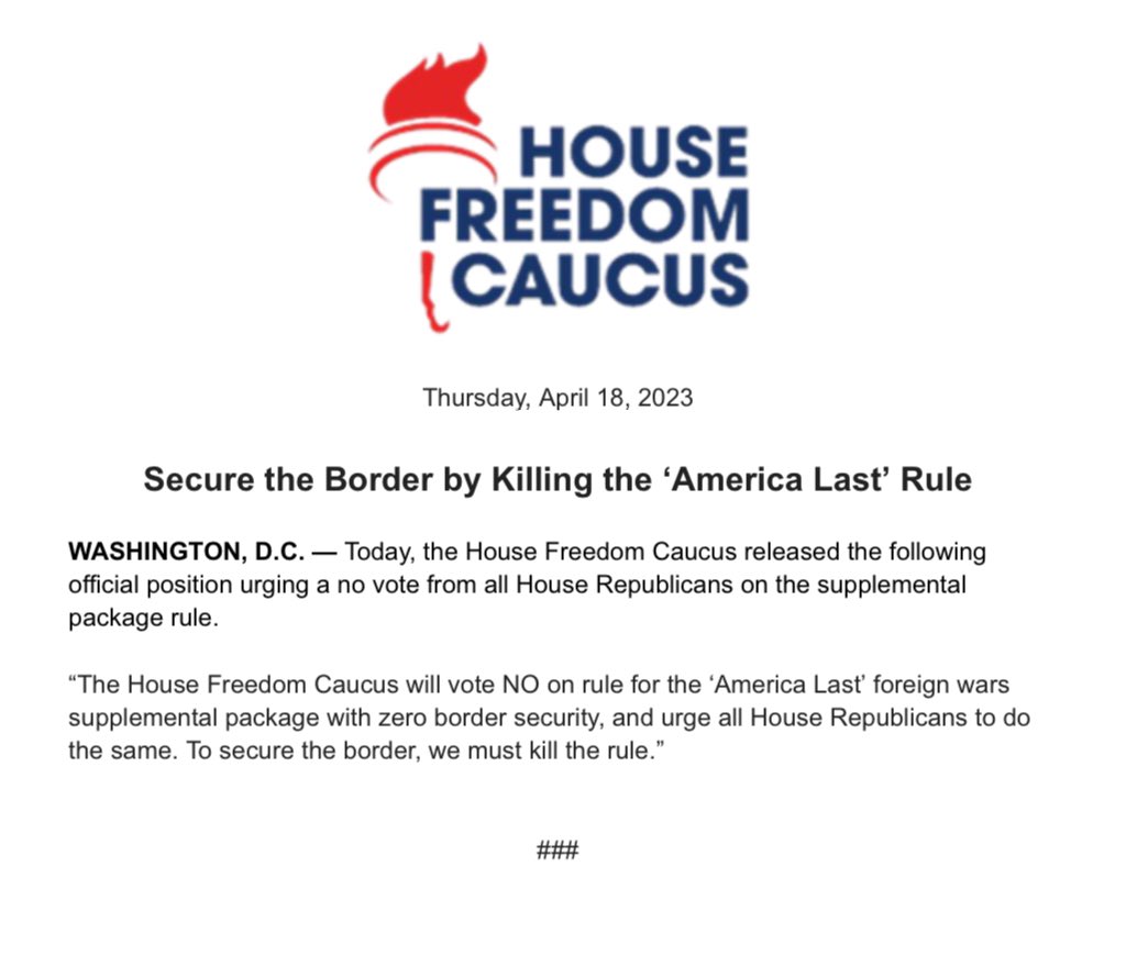 Don't just tweet about securing the border. Actually DO IT by killing the rule for @SpeakerJohnson’s #AmericaLast foreign wars package.   Americans need to know: who’s willing to just talk and who’s willing to FIGHT?