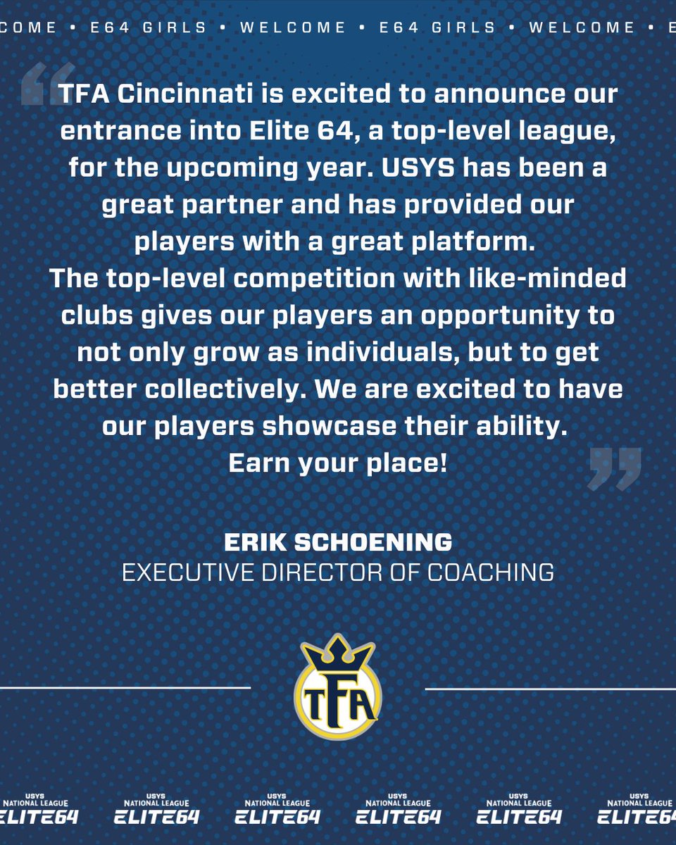 We are very excited to welcome @tfa_cincinnati to Elite 64 as a new girls club! #EarnYourPlace #EveryMomentCounts