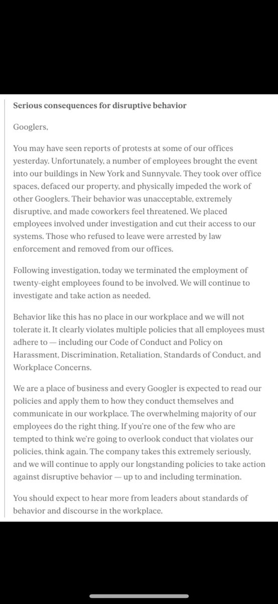 Google literally sent a blatant threat letter to every single one of its employees after firing 28 people for protesting its $1.2B israel contracts “if you’re 1 of the few who are tempted to think we’re going to overlook conduct that violates our policies, think again”