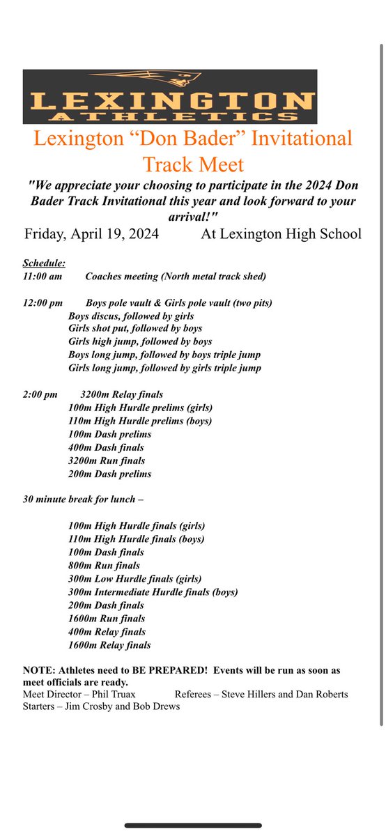 OvertonTrack's tweet photo. Schedule of events for the Don Bader track meet in Lex tomorrow! 🦅⚡️ @OvertonEagles https://t.co/g4iH5Y9UZE