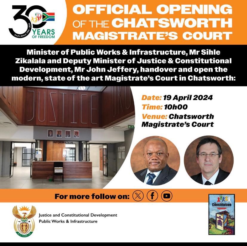 Deputy and Constitutional Development Deputy Minister, John Jeffery, and Public Works and infrastructure Minister @sziks , will on 19 April 2024, officially open the refurbished Chatsworth Magistrate court in KwaZulu-Natal. #Publicworks #LeaveNoOneBehind #Justice