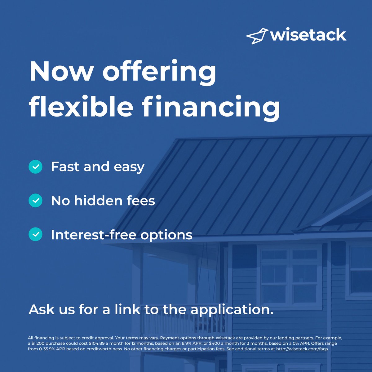 AwardCustomTile's tweet photo. We partnered with Wisetack to offer our customers flexible financing!
◾ Finance projects up to $25,000*
◾ Terms from 3 to 60 months*
◾ APR from 0% to 35.9%*
◾ No hidden fees or compounding interest
Contact us to learn about financing your next project! https://t.co/qX0JQvQwzl