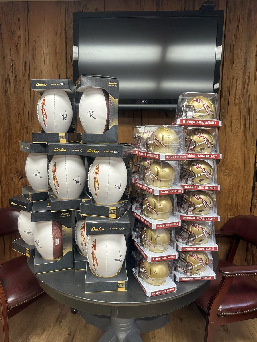 @jordantrav13 autographed footballs and mini helmets will be in the stores this weekend. Stop by and purchase one! Proceeds go to Jordan!