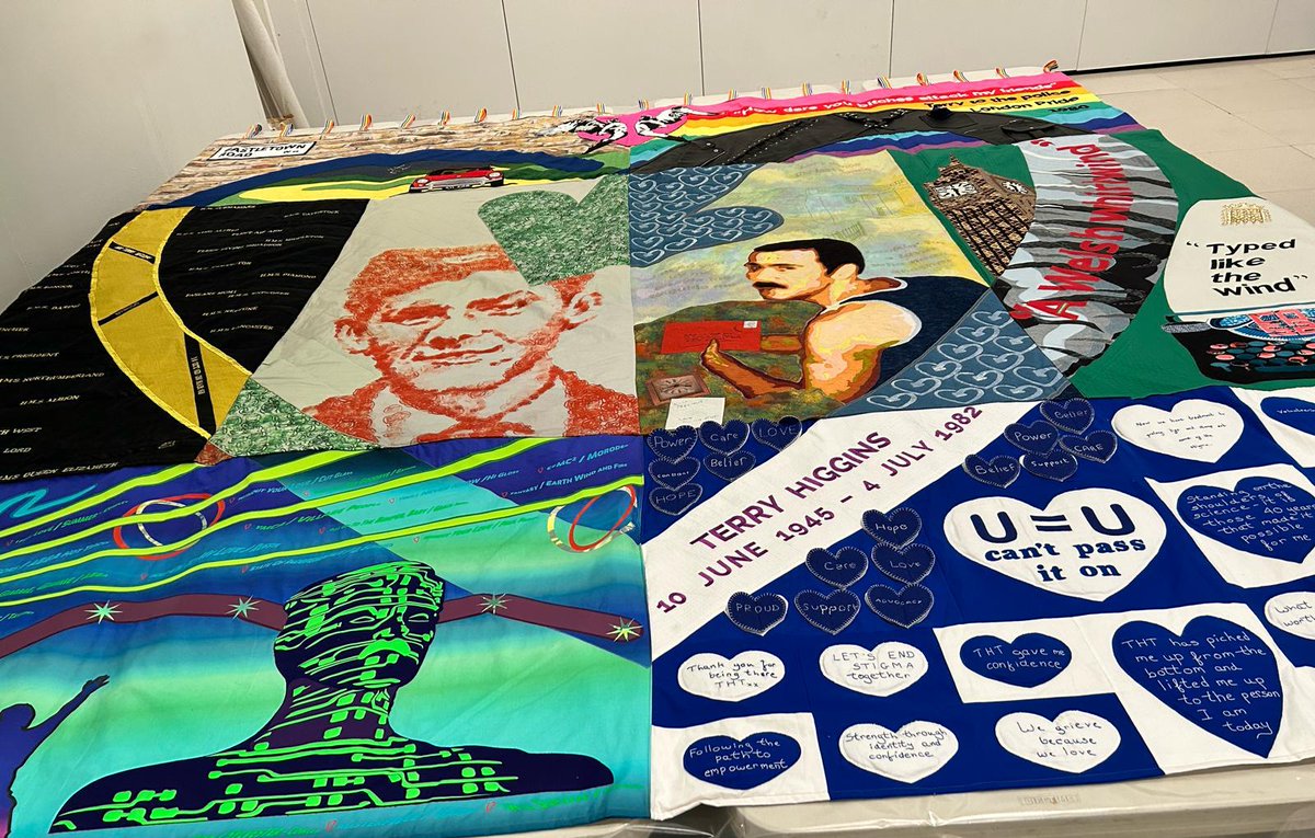 Before today's event, @RichardAngell of @THTorguk gave panellists a tour of the new quilt for Terry Higgins, the first publicly named person to die of an AIDS-related illness in the UK. It's been on display at @SheffMuseums since October, and is now headed for Fitzrovia Chapel.