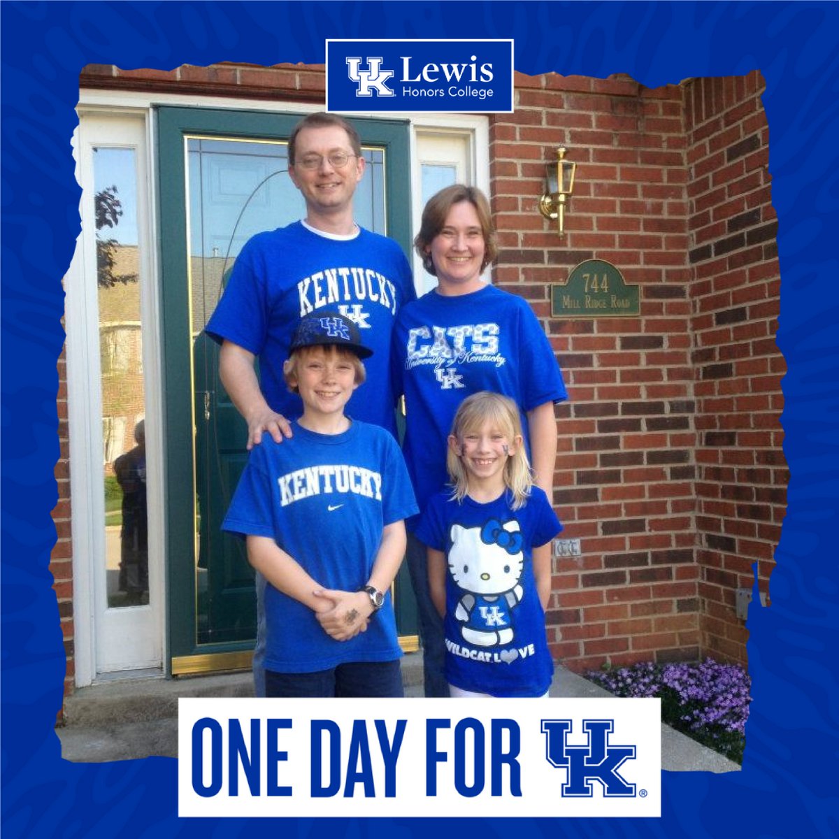 Post a photo of you or any member of your Big Blue family dressed up in UK gear today before 8 PM to help earn the Lewis Honors College $200 towards One Day for UK. Post your picture on Facebook, X (Twitter), or Instagram, include the hashtag #OneDayforUK, and tag @ukyhonors.
