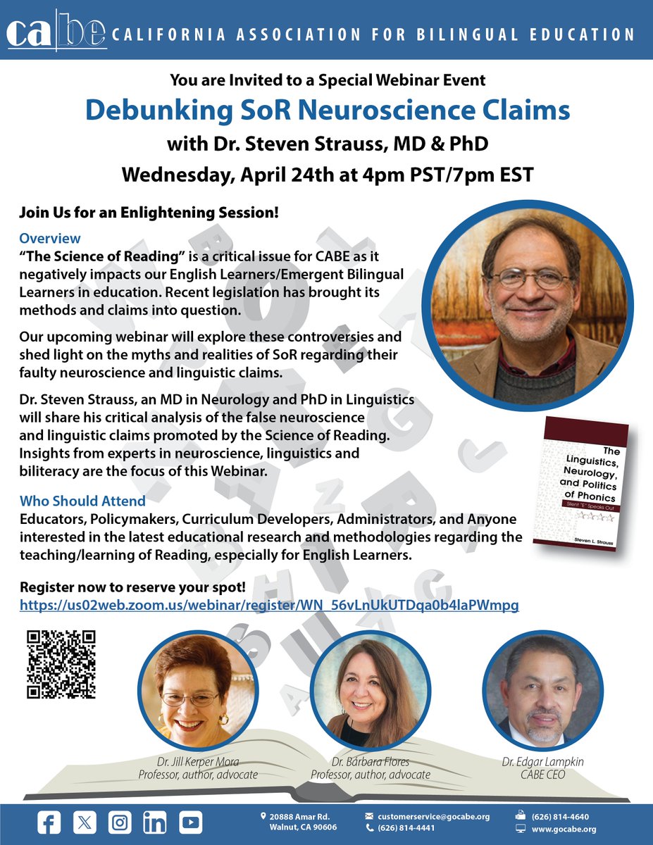 Reserve your spot today! You are invited to a special webinar event on Debunking SoR Neuroscience Claims with Dr. Steven Strauss! Register at: us02web.zoom.us/webinar/regist… #cabe #webinar #scienceofreading #neuroscience #stevenstrauss