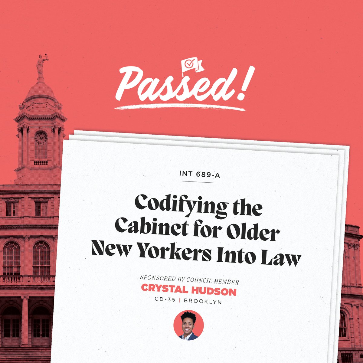 NYCCouncil's tweet photo. INT 689-A (sponsored by @CMCrystalHudson) would codify the Cabinet for Older New Yorkers into law. The Cabinet, made up of 23 city agencies and chaired by the Commissioner of @NYCAging, is designed to help improve programming and services for older New Yorkers. https://t.co/0vfcuOaPZ9