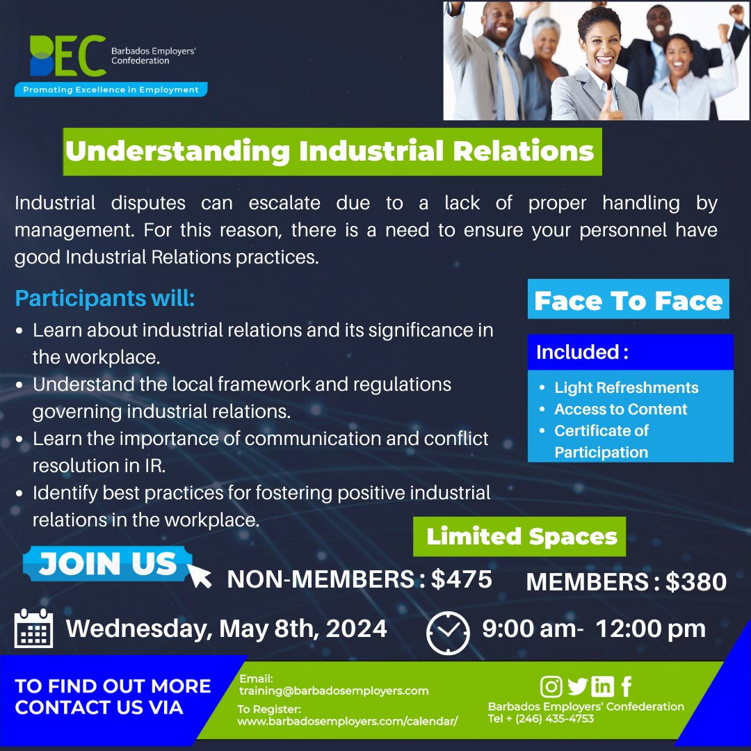 Join us for this #trainingworkshop to have a better understanding of how to handle industrial relations matters.

Click here to register 👇barbadosemployers.com/events/underst…

#barbadosemployersconfederation #ProfessionalDevelopment #industrialrelations