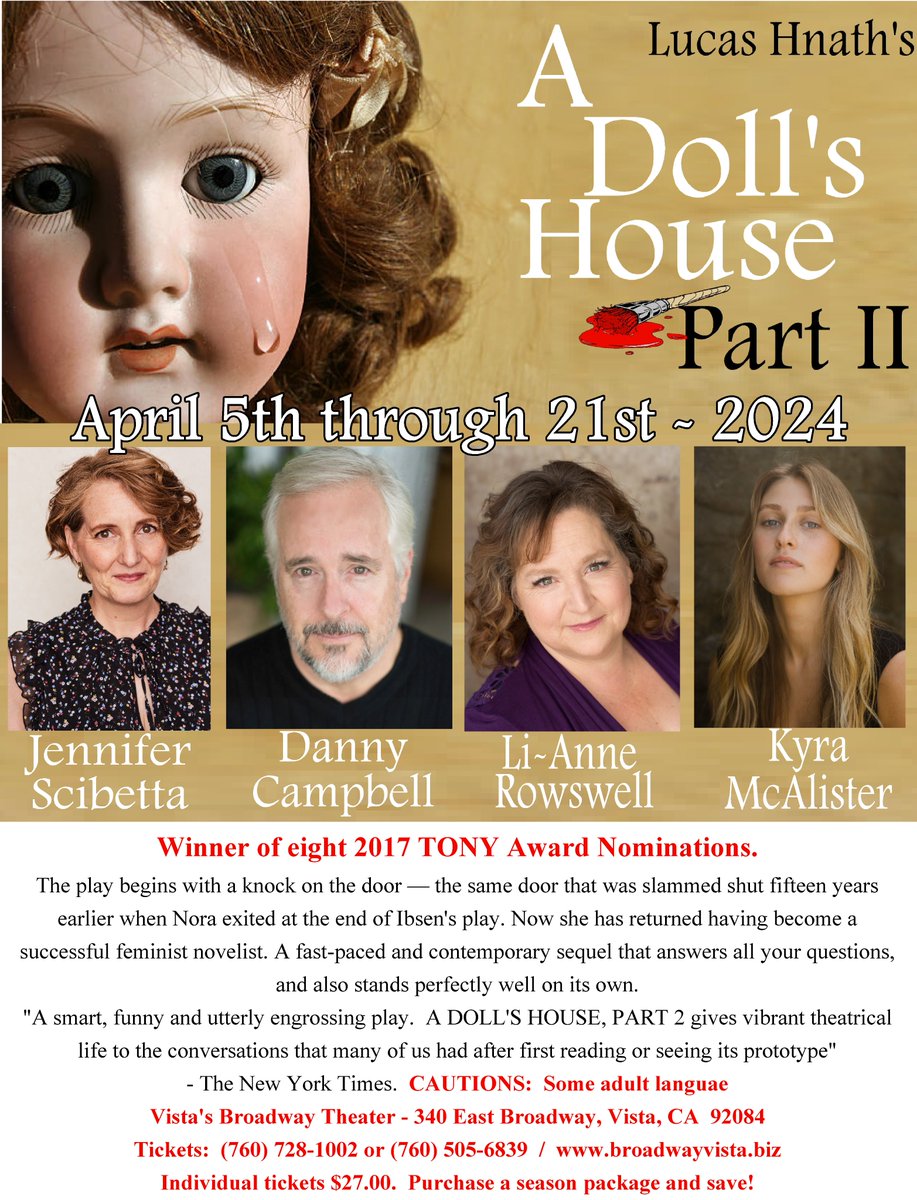 broadwayvista's tweet photo. Final weekend of shows - April 18, 19, 20 and 21
Thursday and Friday at 7:30 p.m.
and Saturday and Sunday at 2:00 p.m.
All seats $27.00
Vista's Broadway Theater - 340 East Broadway, Vista, CA  92084
Box Office:  (760) 728-1002 or online at https://t.co/DAhIo0YnzO https://t.co/MUSk1ez1J4