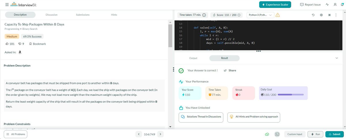 fleetXtoman's tweet photo. Hey there, I've completed #Day108 of the #365DaysofCode Challenge with
@scaler_official
Join Discord: https://t.co/s0UVEzRnYw

Solved Question: "capacity to ship packages within B days"
#scalerdiscord #codewithscaler #365daysofcodescaler #365DaysofCode https://t.co/RMntSx4FQy