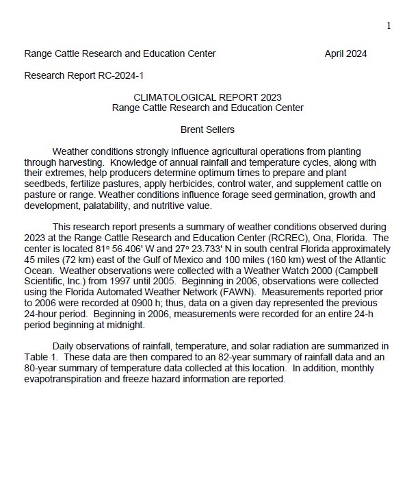 Check out the 2023 Climatological Report! This annual report is assembled by Dr. Brent Sellers. It presents a summary of the weather conditions observed during the year at the UF IFAS Range Cattle Research and Education Center in Ona, FL. rcrec-ona.ifas.ufl.edu/news-and-publi…