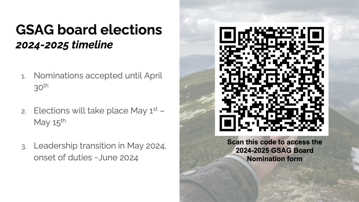 gsag_aag's tweet photo. Nominations for the 2024-2025 GSAG Board are now open!

We are seeking motivated members to fill the positions of Vice Chair, Secretary, and Awards Committee. https://t.co/XBy20lDquq