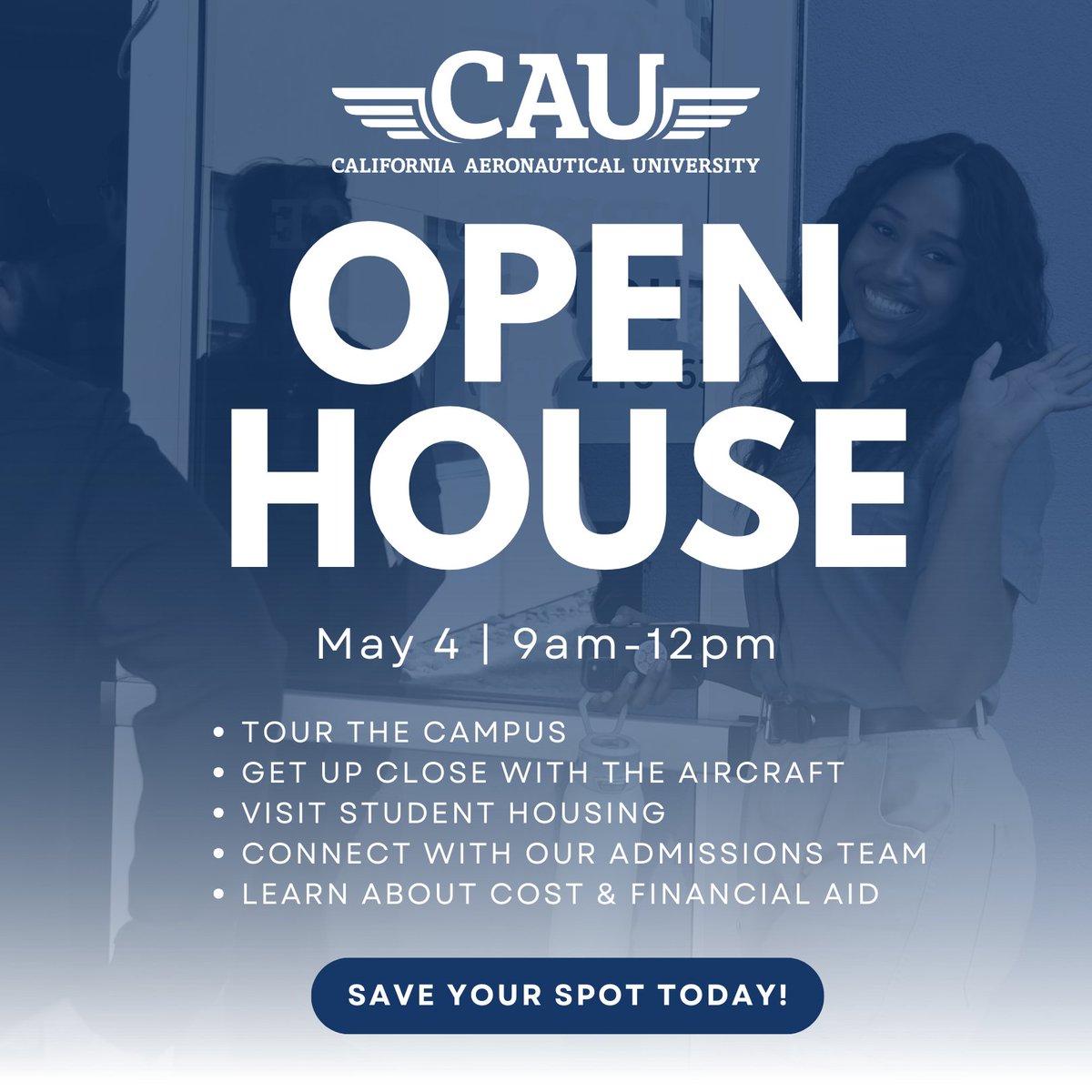 Calling all future aviators!🛩️✨ Thinking about attending California Aeronautical University? Come check out our main campus in Bakersfield on Saturday, May 4, 9am-12pm. Save your seat here: hubs.la/Q02tmL8S0 Now accepting applicants for May, August, and October terms!✈️☁️