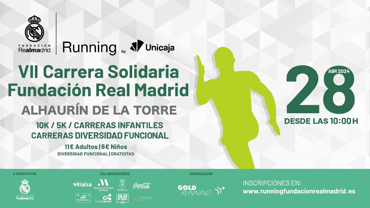 🏃 ¡Alhaurín de la Torre acogerá la VII Carrera Solidaria Fundación Real Madrid! 📆 Domingo, 28 de abril ✍️ ¡Apúntate y apoya nuestros proyectos sociodeportivos! 🔗 runningfundacionrealmadrid.es #FundaciónRM | @RunningFRM