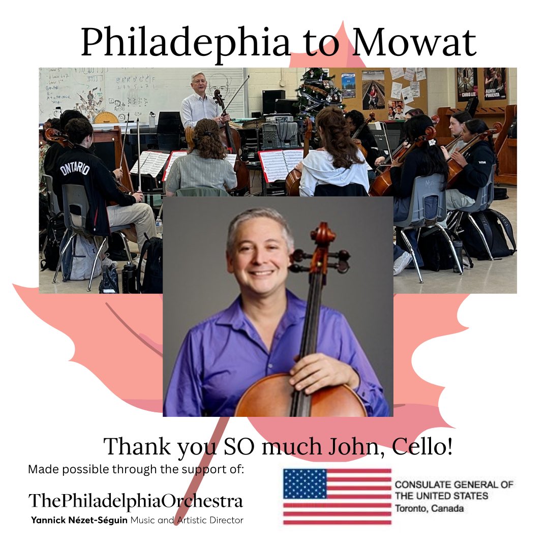 "Grateful to <a href="/usconstoronto/">US Consulate Toronto 🇺🇸🇨🇦</a>, <a href="/usembassyottawa/">U.S. Embassy Ottawa</a>, <a href="/USAmbCanada/">Ambassador Pete Hoekstra</a>, &amp; <a href="/philorch/">The Philadelphia Orchestra</a> for an amazing day at Mowat! The Philly Orchestra musicians—Dara, Amy, C.J., &amp; John—inspired our string players, igniting a new passion for music. Priceless gift, everlasting impact! #music #inspiration"