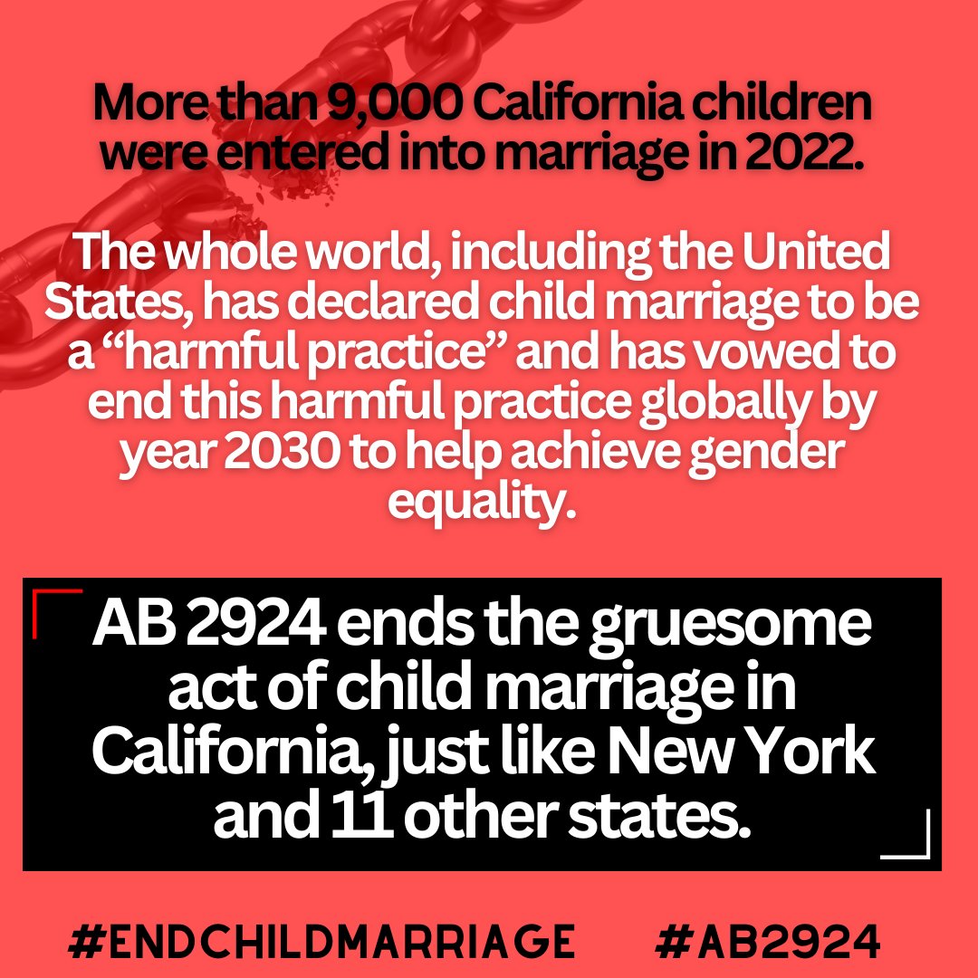 .@Ash_Kalra, please support and pass #AB2924, the bill to #EndChildMarriage in #California, without amendments. States across the U.S. and around the world are making the marriage age #18NoExceptions. #CA must not be left behind. #EndChildMarriageCA #ProtectCAKids #CALeg