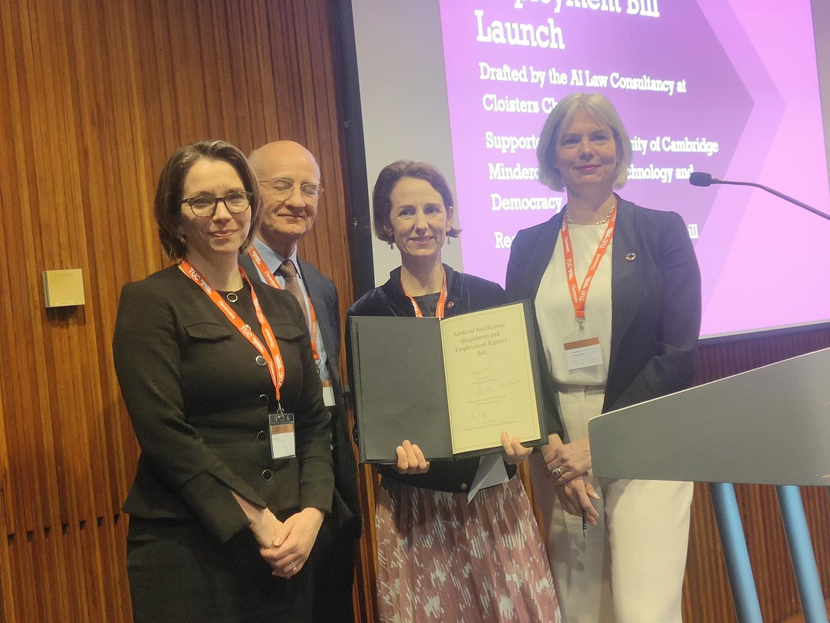 Launching the #TUCAIbill with a signing: Dee Masters, Robin Allen KC, Kate Bell and Gina Neff.