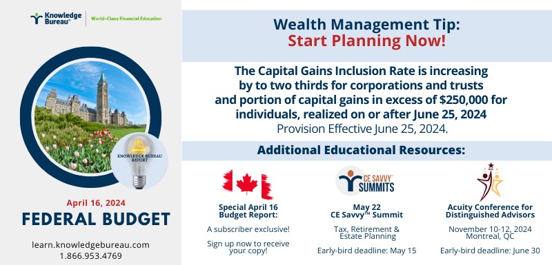 The  Federal Budget will significantly change wealth planning in Canada. With the capital gains inclusion rate increasing, a quick and thoughtful reflection on options is now required.  

Learn more the May 22, 2024  CE Savvy Summit: learn.knowledgebureau.com/courses/ce-sum…

#budget2024
