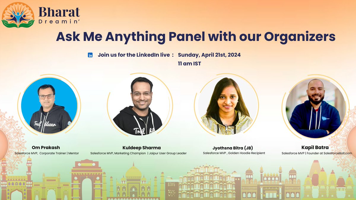 Exciting News!🎉 Don't miss our special 'Ask Me Anything' panel session featuring our amazing organizers! 🗓️When: LinkedIn Live - Sunday, April 21st, 11 am IST Join: linkedin.com/events/askmean… #BharatDreamin #TrailblazerCommunity