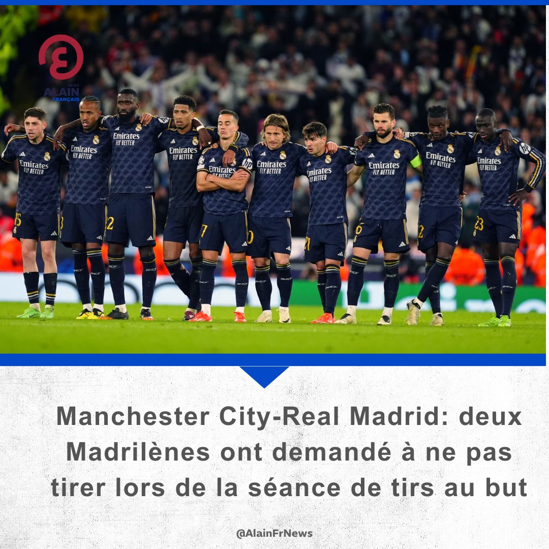 Le staff du #RealMadrid a confirmé que deux joueurs de l'équipe avaient demandé à ne pas tirer lors de la séance des tirs au but remportée contre #ManchesterCity en quart de finale retour de Ligue des champions (1-1, 3 tab à 4) ce mercredi à l'Etihad Stadium.

#TesYeuxSurLeMonde