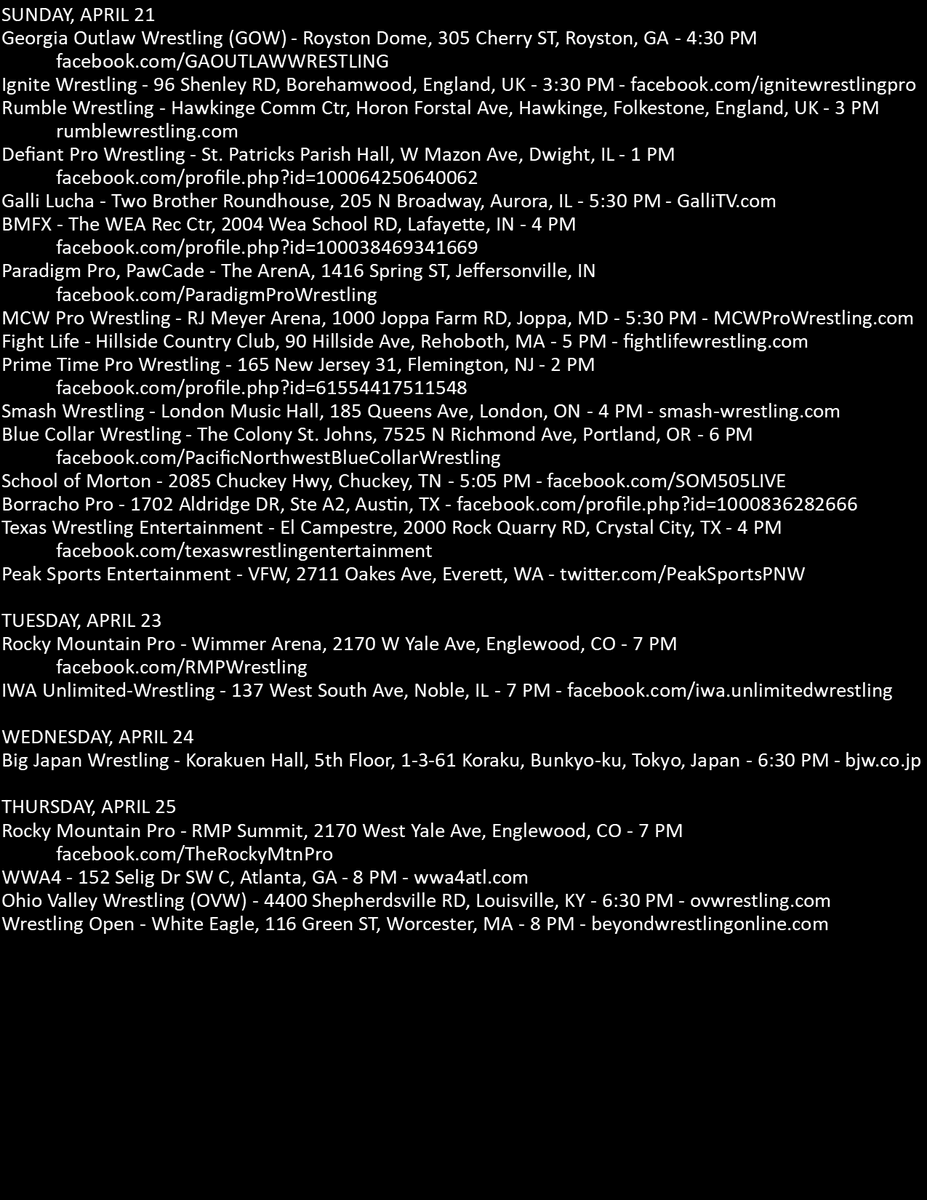 📅 Check out the #indywrestling calendar for this week (4/18-25)!

(Hope to see you at @MCWWrestling this Saturday in Hollywood, MD and Sunday in Joppa, MD.)

#prowrestling #independentwrestling #professionalwrestling

#PresidentOfWrestling #TrustInPhil #BestPhilinWrestling