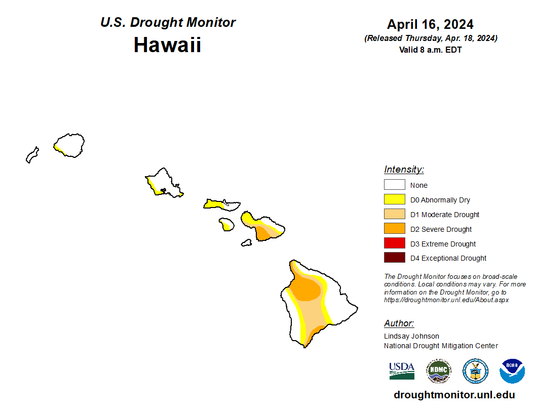 🌴 Hawaii experienced significant rain events. Kauai received 10 to 12 inches of rain; a second round of storms brought another 1 to 3 inches of precipitation over most of the islands—leading to improvements on all but the Big Island. bit.ly/USDM041624 #DroughtMonitor