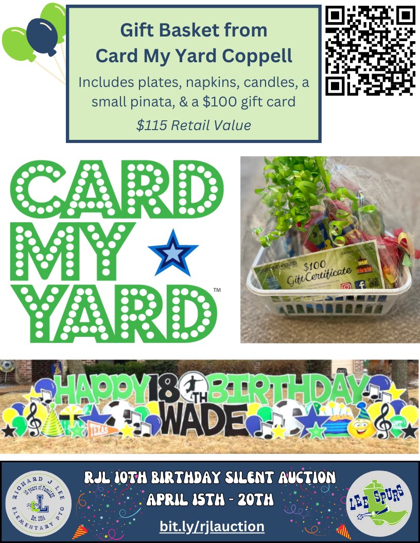 Elevate your celebration with a stunning display from @CardMyYard Coppell! Bid now for a chance to win this gift basket and eye-catching addition to your special occasion. bit.ly/rjlauction #RJ10VE