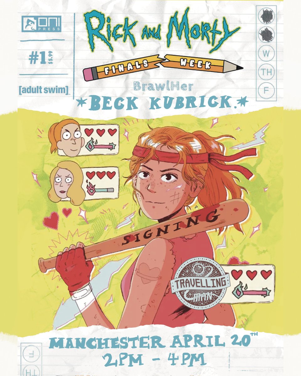 In Manchester this Saturday! As well as signing copies of the brand spanking new Rick and Morty Finals Week Brawler #1, Beck Kubrick will also be selling and signing copies of their Kickstarter smashing Meat Burgers, and Don't Worry, I Die At The End.