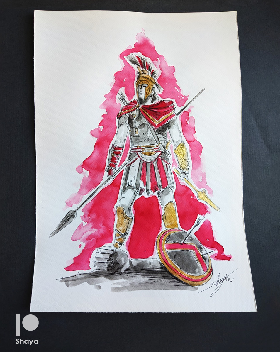 #CommissionedArt This is a #fanart commission of Alexios a.k.a. @MikeAntonakos from @assassinscreed Odyssey @Ubisoft . I used for this one Indian ink, Liquid Ecoline red colour, gold acrylic paint for accents and ink pen on high quality paper. I hope you like it!#art